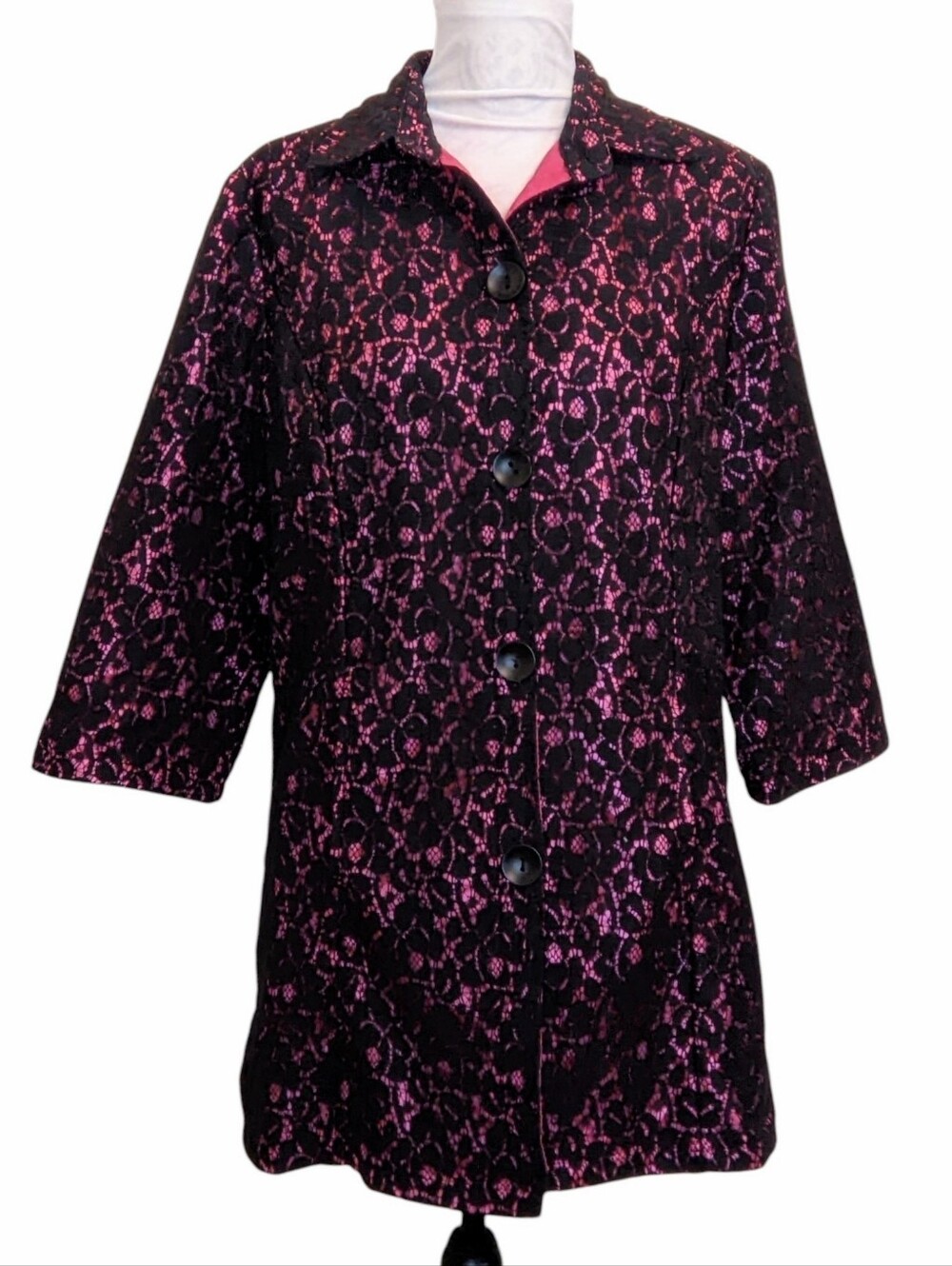 Lace Long Jacket Pink Black3/4 Sleeves Wedding Guest Event Lightweight Coat Sz L